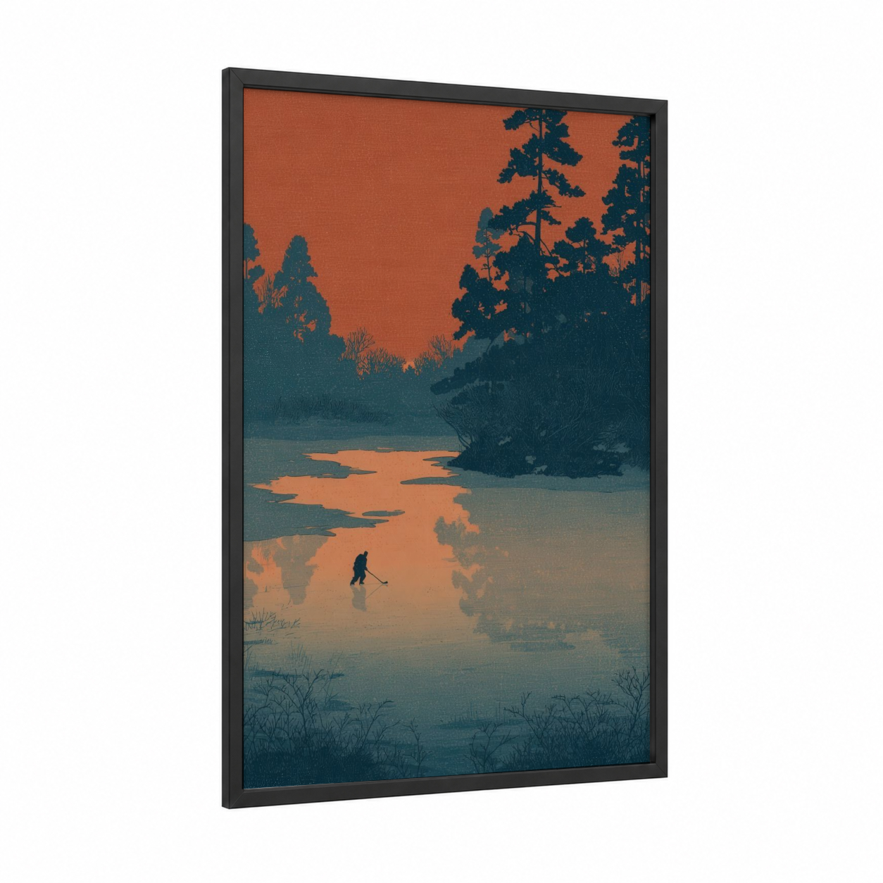 Frozen Pond Hockey framed ice hockey print — black wood frame — orange and teal palette