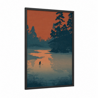 Frozen Pond Hockey framed ice hockey print — black wood frame — orange and teal palette