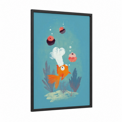 Dreaming Goldfish framed art print — black wood frame — blue and peach palette