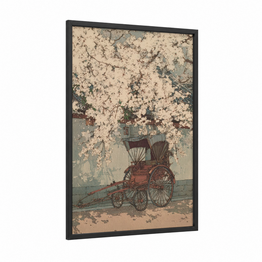 Blossom Rickshaw framed art print — black wood frame — cream and dove gray palette