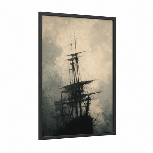 Misty Tall Ship framed old ships print — black wood frame — cream and gray palette