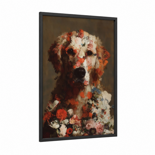 Floral Retriever framed art print — black wood frame — cream and russet palette