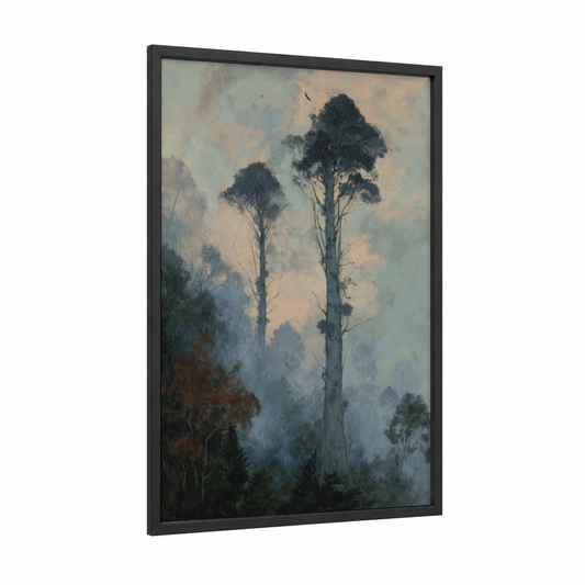 Misty Kauri Trees framed art print — black wood frame — blue and gold and gray palette