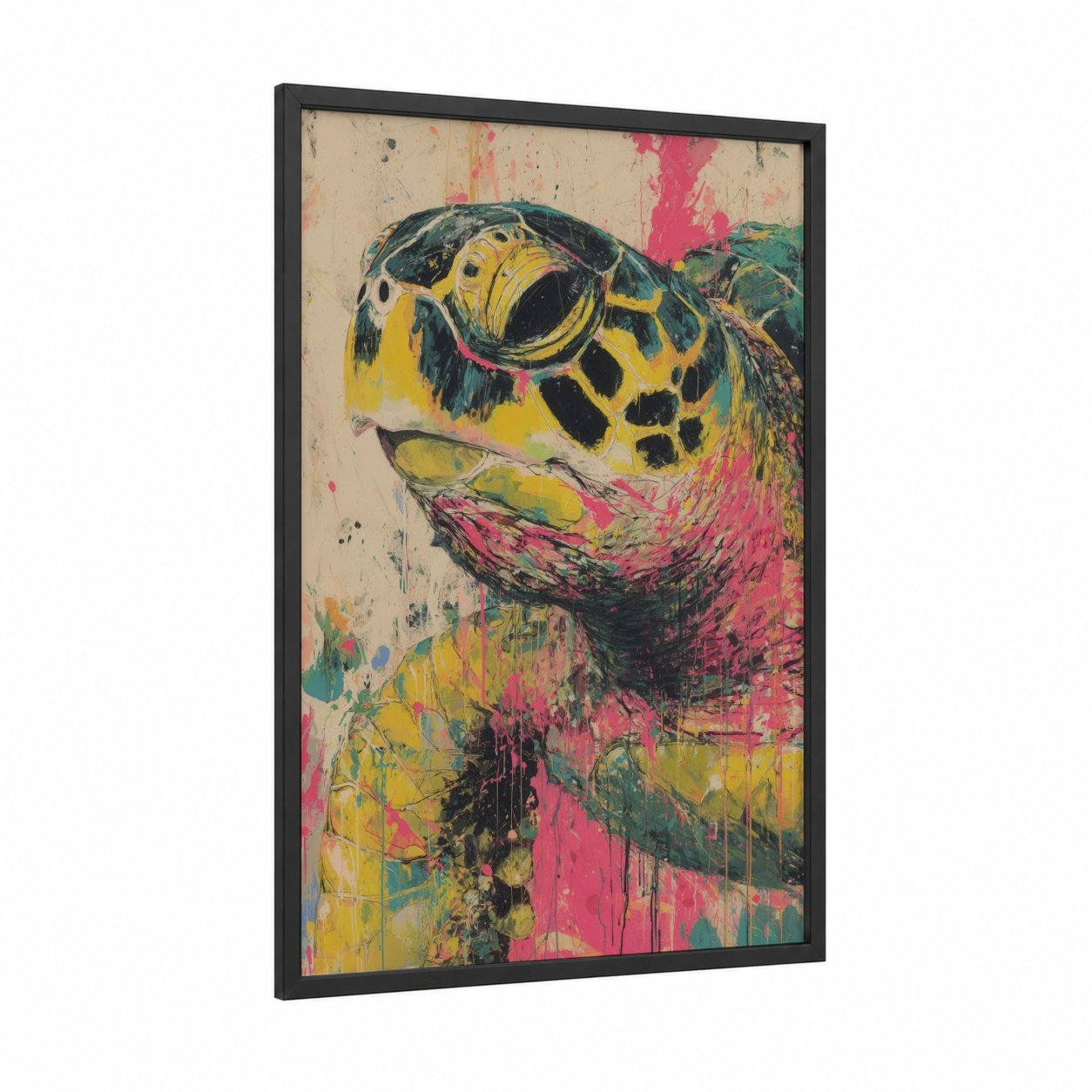 Vibrant Turtle Portrait framed art print — black wood frame — magenta and yellow gold palette