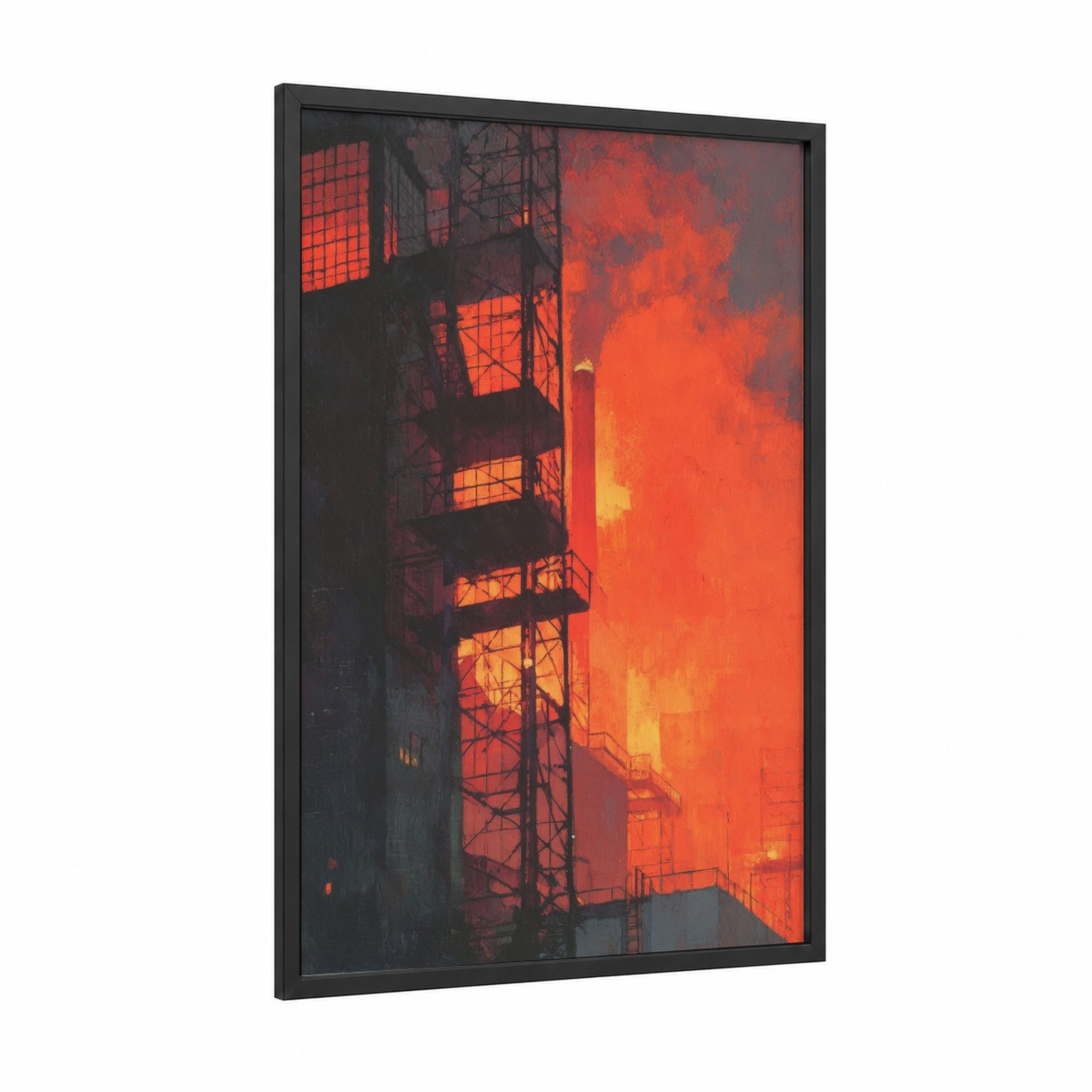 Crimson Power Plant framed art print — black wood frame — red and orange palette