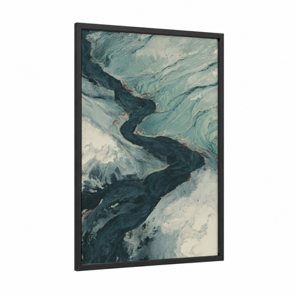 Turquoise Glacier Flow framed art print — black wood frame — teal and white palette