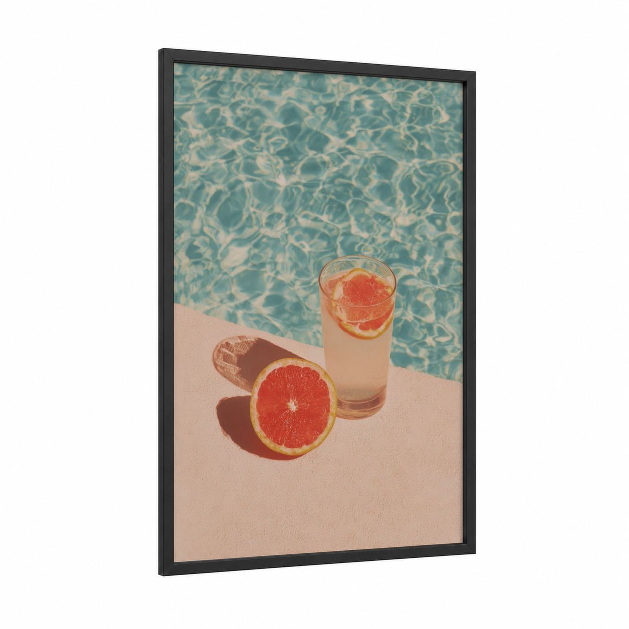 Poolside Grapefruit framed cocktail print — black wood frame — aquamarine and peach palette