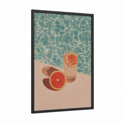 Poolside Grapefruit framed cocktail print — black wood frame — aquamarine and peach palette