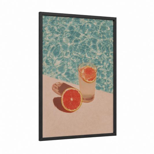 Poolside Grapefruit framed cocktail print — black wood frame — aquamarine and peach palette