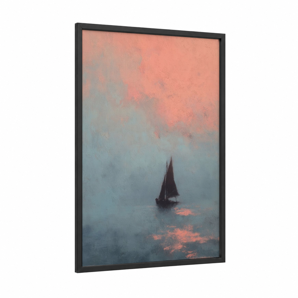 Misty Sailboat framed sailing print — black wood frame — peach and dove gray palette
