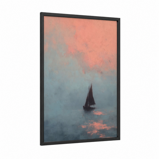 Misty Sailboat framed sailing print — black wood frame — peach and dove gray palette