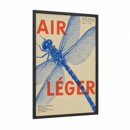 Vintage Dragonfly Museum Poster Wall Art framed art print — black wood frame — blue and beige palette