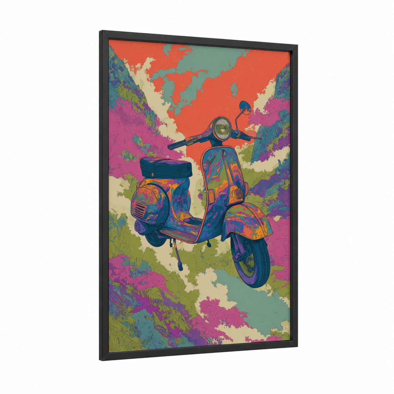 Retro Scooter framed art print — black wood frame — magenta and orange palette
