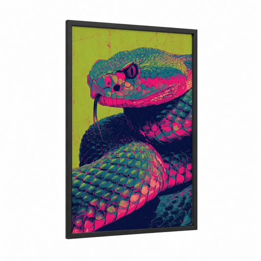Neon Rattlesnake framed art print — black wood frame — magenta and lime green palette