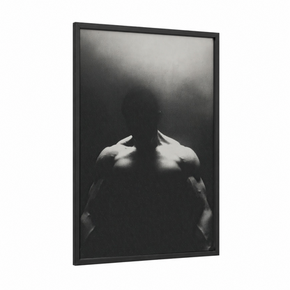 Muscular Silhouette framed bodybuilding print — black wood frame — black and white palette