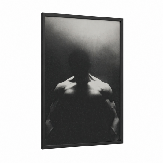 Muscular Silhouette framed bodybuilding print — black wood frame — black and white palette