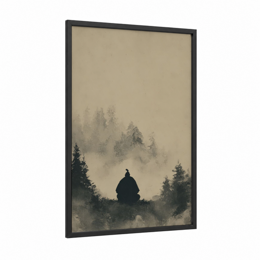Misty Sumo Contemplation framed art print — black wood frame — beige and black palette