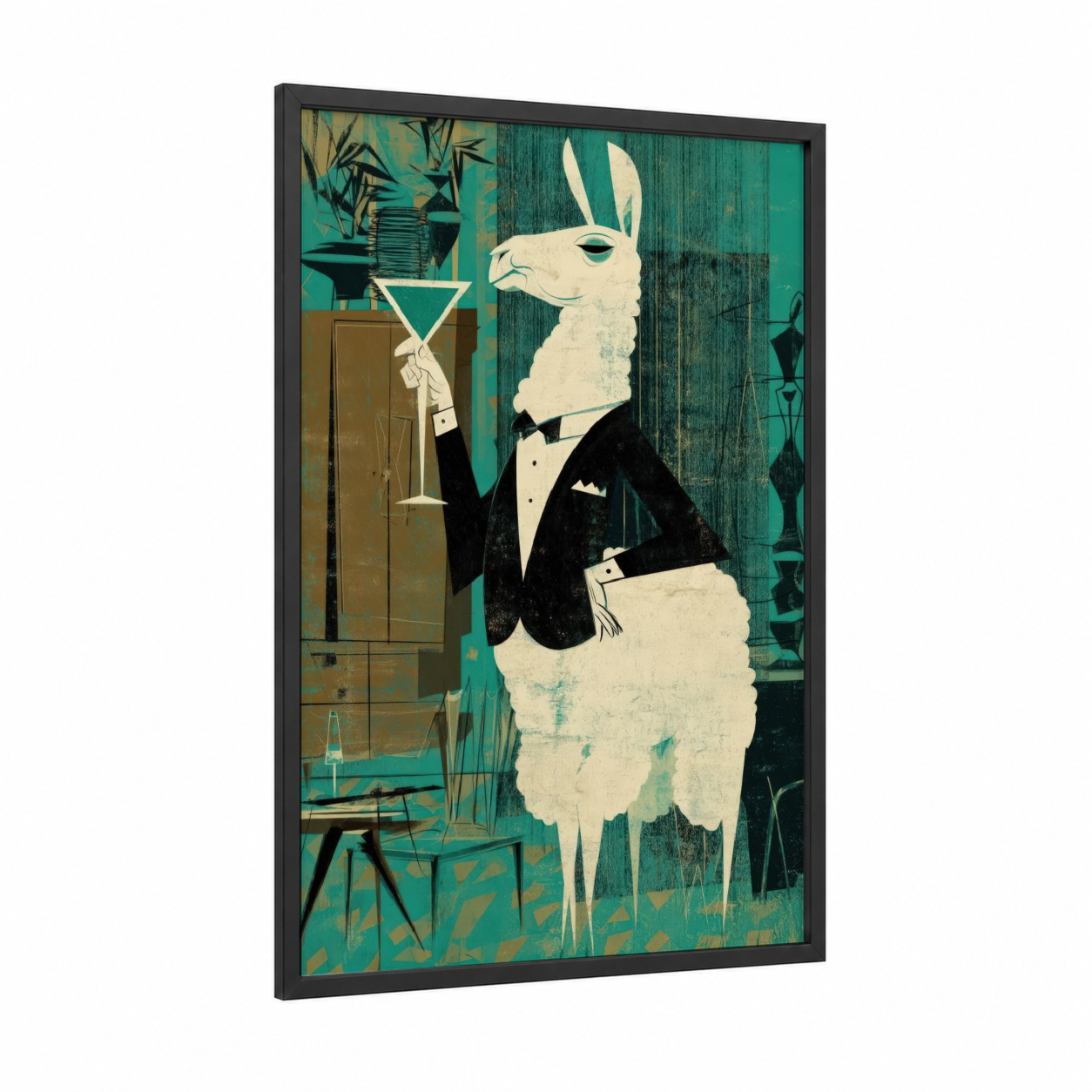 Cocktail Llama framed art print — black wood frame — teal and cream palette