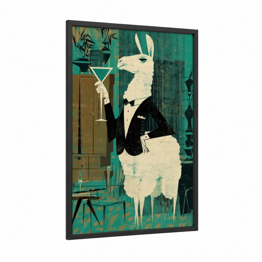 Cocktail Llama framed art print — black wood frame — teal and cream palette
