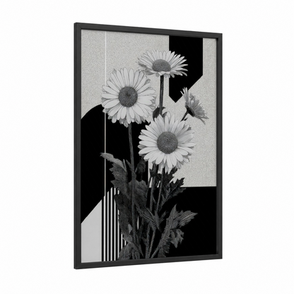 Monochrome Daisy Trio framed art print — black wood frame — black and white palette