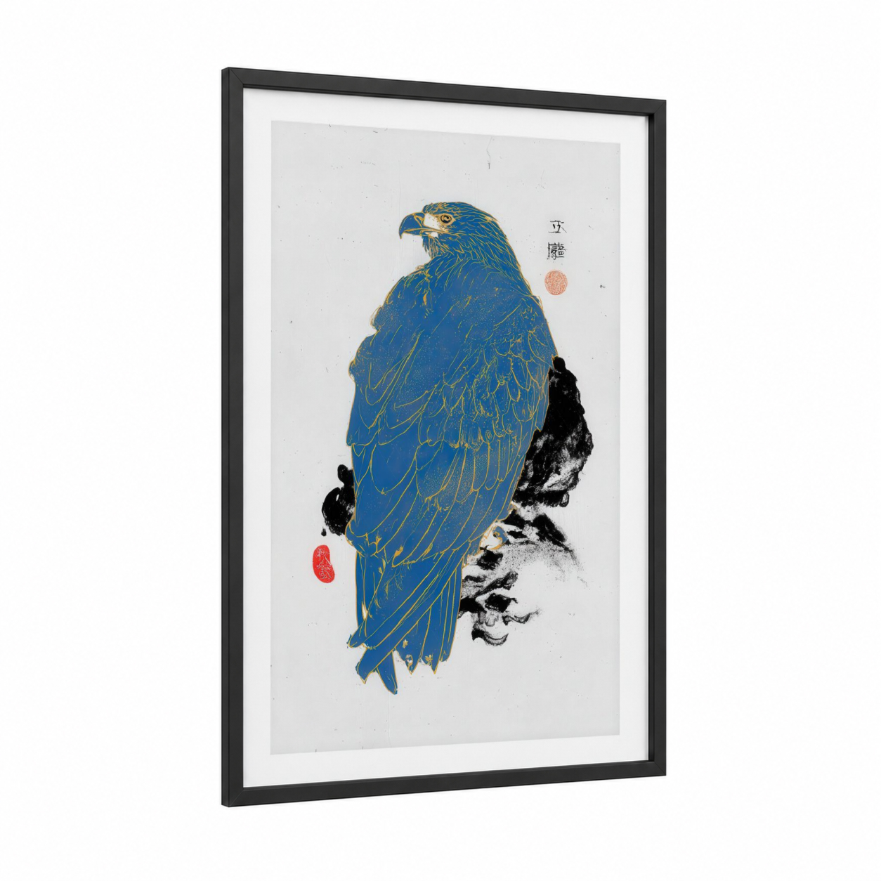 Azure Eagle Perch framed art print — black wood frame — royal blue and gold and white palette