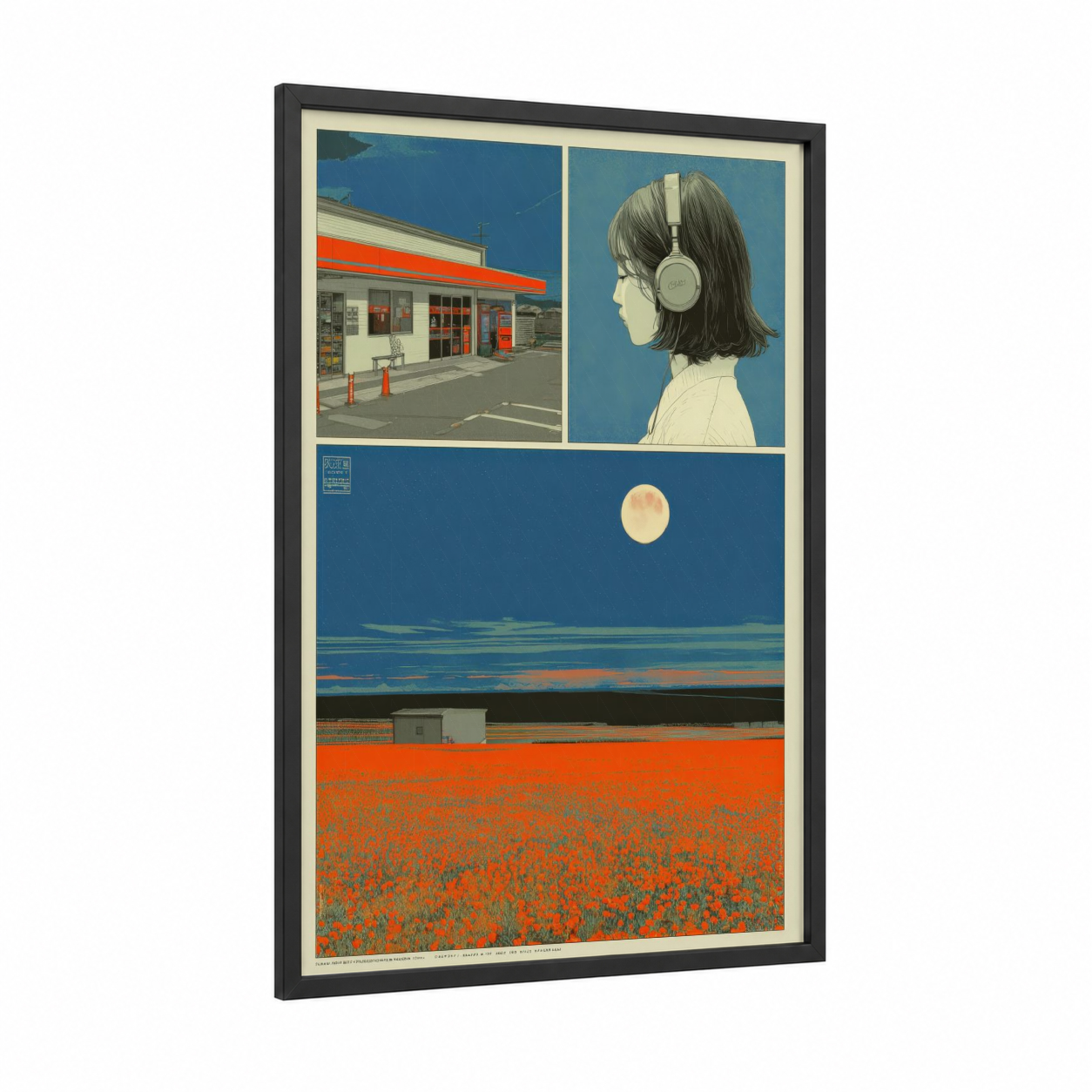 Dreamy Y2K Triptych framed japanese y2k print — black wood frame — blue and orange palette