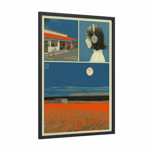 Dreamy Y2K Triptych framed japanese y2k print — black wood frame — blue and orange palette