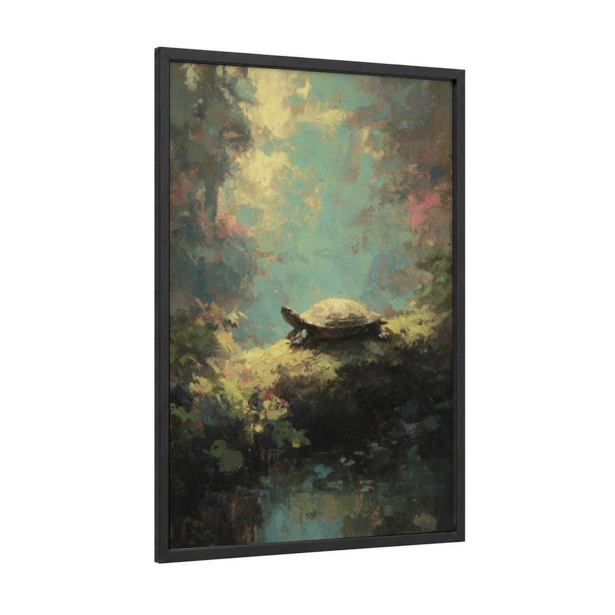 Tranquil Turtle Sanctuary framed art print — black wood frame — teal and yellow gold palette