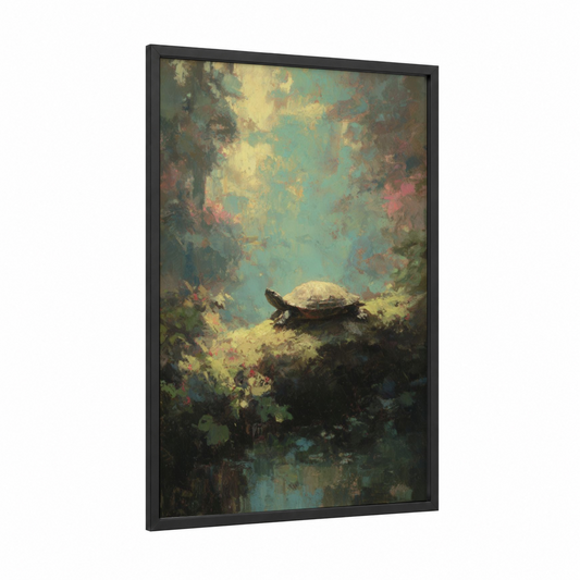 Tranquil Turtle Sanctuary framed art print — black wood frame — teal and yellow gold palette