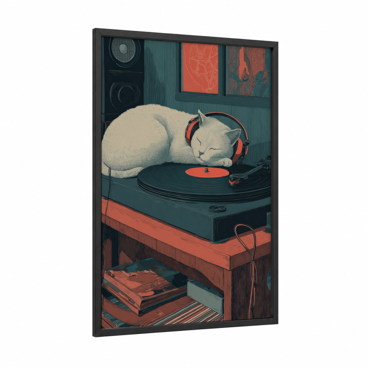 Sleeping DJ Cat framed art print — black wood frame — red and bermuda gray palette