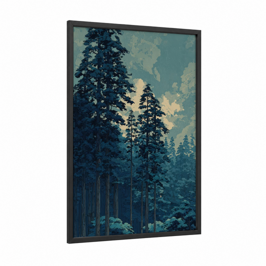 Misty Forest Pines framed forest trees print — black wood frame — blue and cream palette