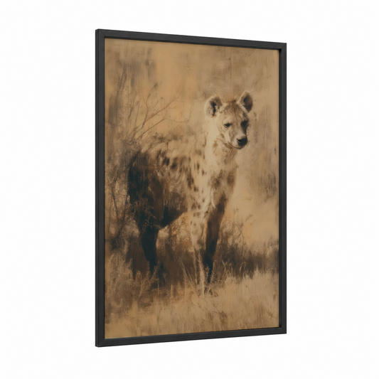 Spotted Hyena framed art print — black wood frame — beige and brown palette