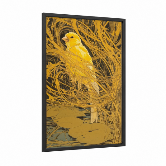 Golden Canary framed canaries print — black wood frame — gold and black palette
