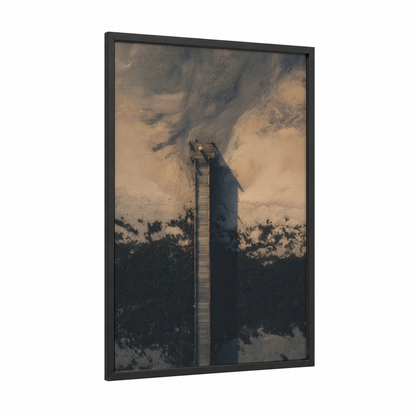 Aerial Pier framed docks and piers print — black wood frame — beige and gray palette