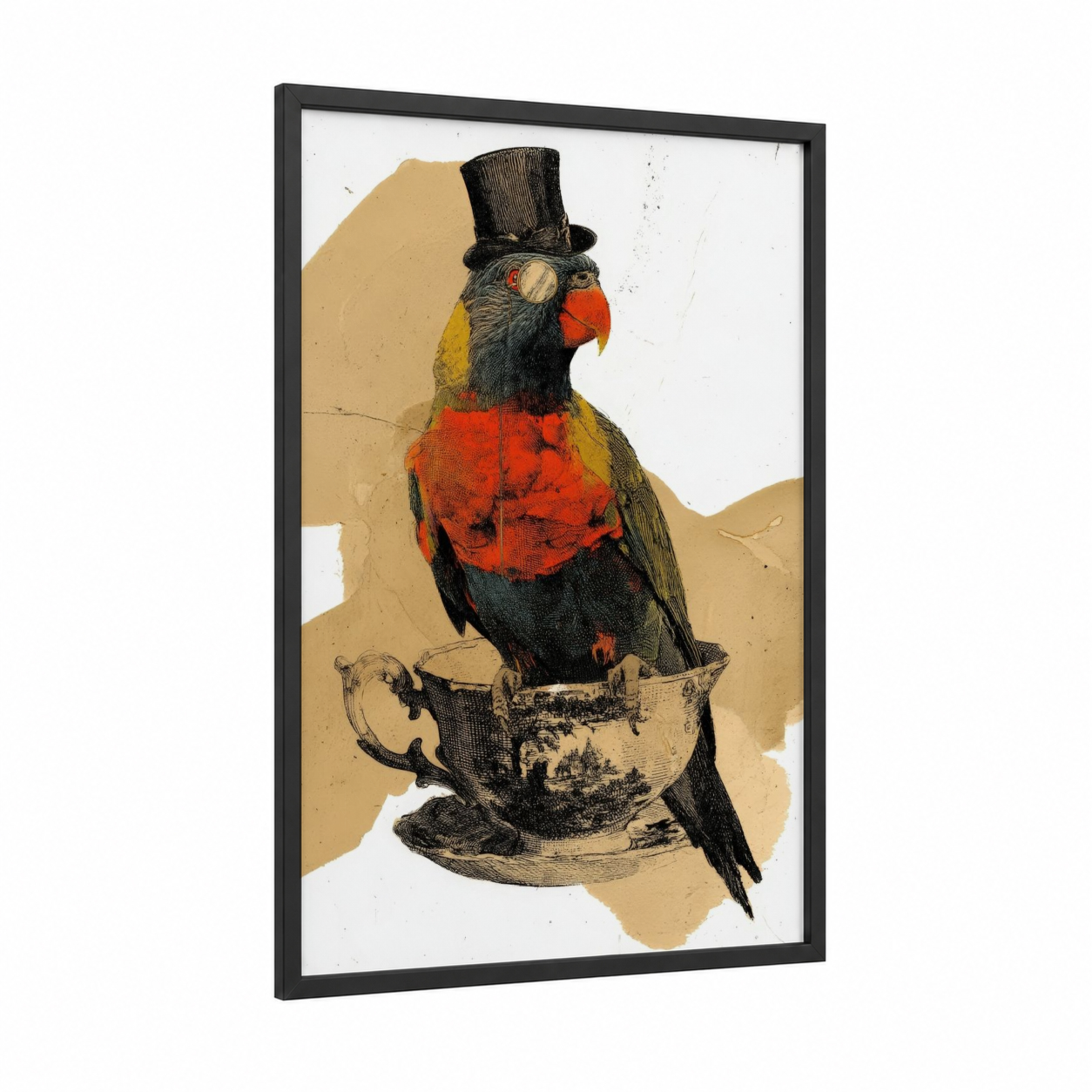 Dapper Lorikeet framed rainbow lorikeet print — black wood frame — red and gold palette
