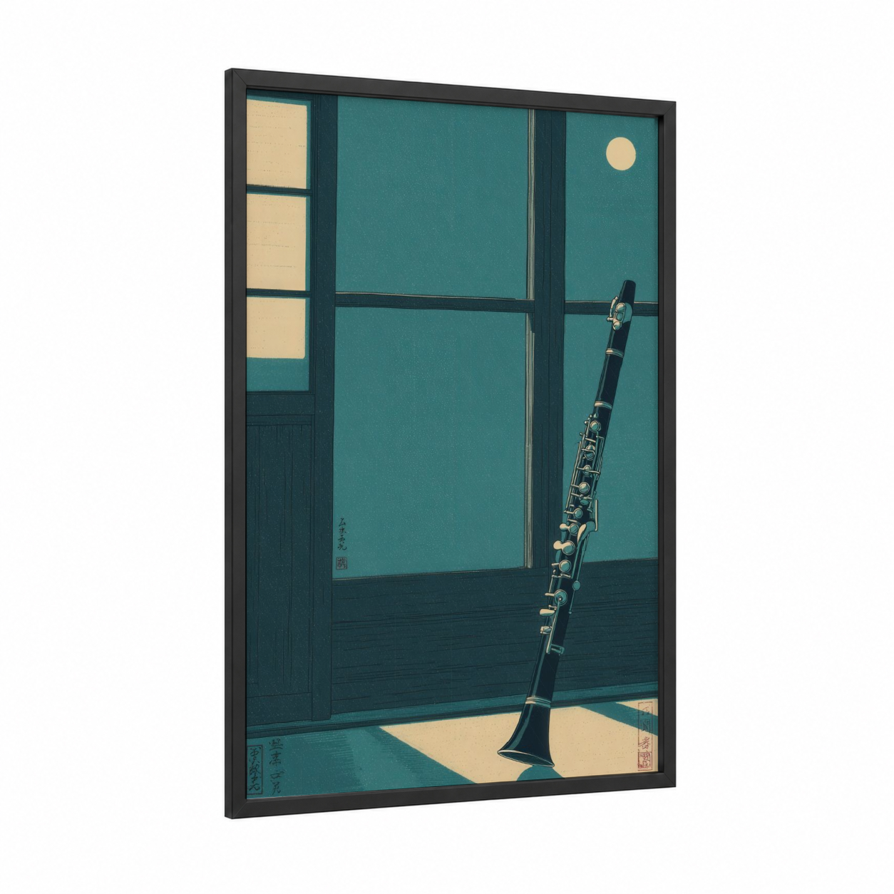 Teal Clarinet framed art print — black wood frame — teal and cream palette