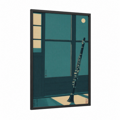 Teal Clarinet framed art print — black wood frame — teal and cream palette