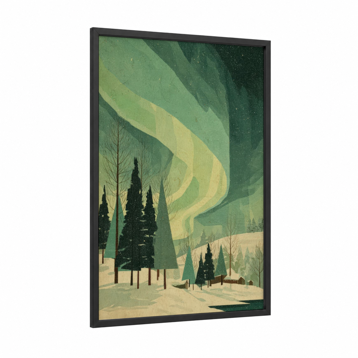 Aurora Forest framed northern lights print — black wood frame — light green and cream palette