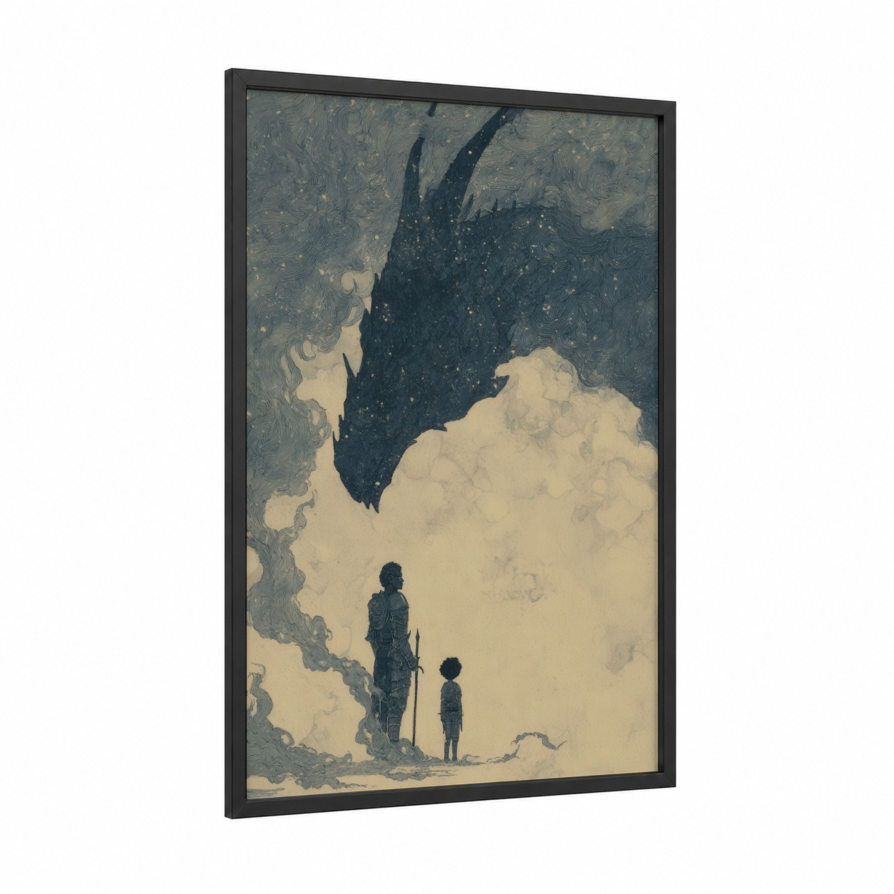 Starlight Guardian framed kids magic and fantasy print — black wood frame — black and white and gray palette
