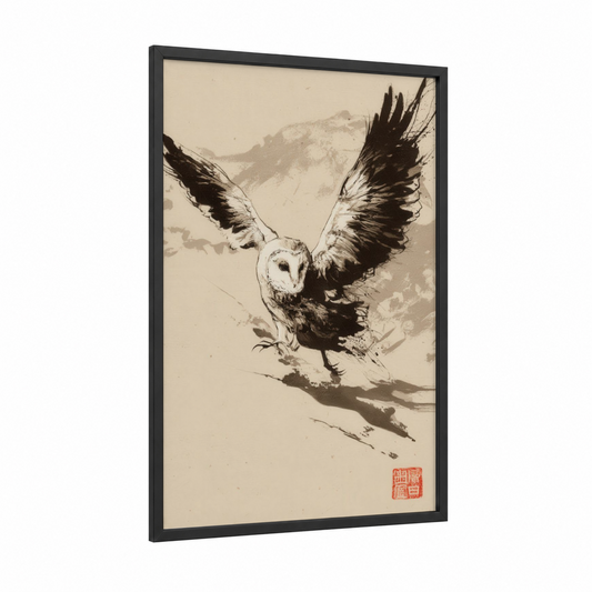 Soaring Barn Owl framed art print — black wood frame — black and white and cream palette