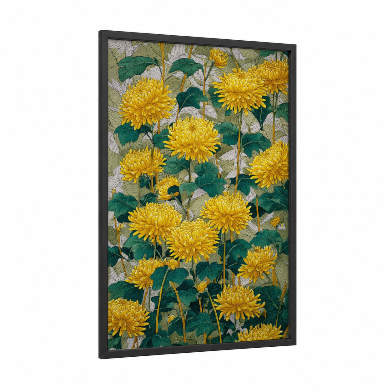 Golden Amarillys Garden framed art print — black wood frame — yellow gold and dark green palette