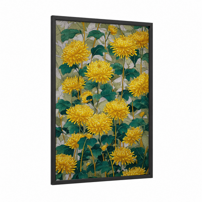 Golden Amarillys Garden framed art print — black wood frame — yellow gold and dark green palette