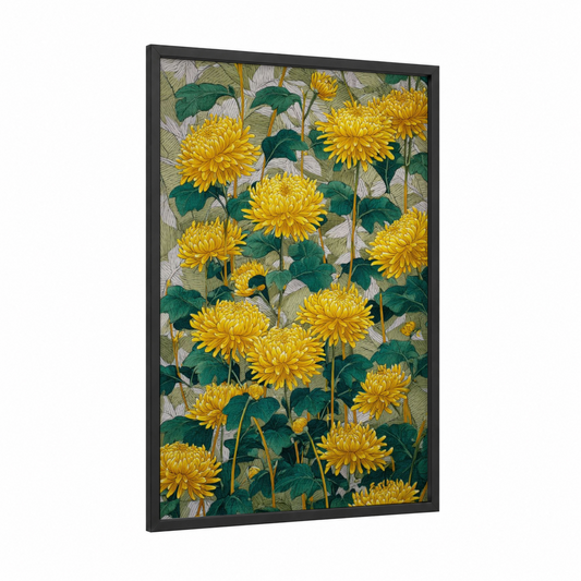 Golden Amarillys Garden framed art print — black wood frame — yellow gold and dark green palette