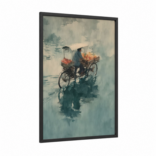 Rainy Flower Vendor framed rickshaw print — black wood frame — gray and peach palette