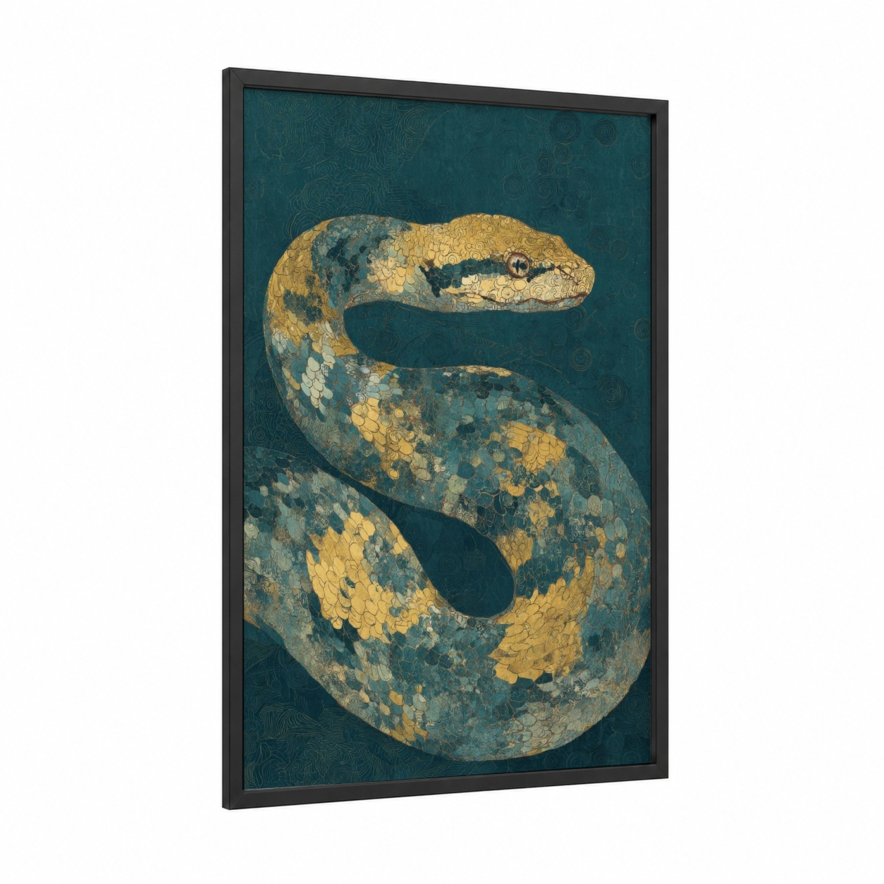 Golden Python Coil framed art print — black wood frame — gold and teal palette