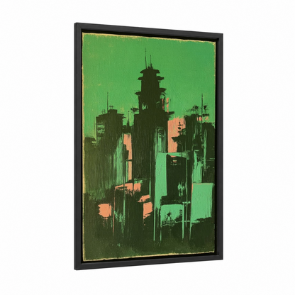 Neon Metropolis framed abstract architecture print — black wood frame — light green and orange palette