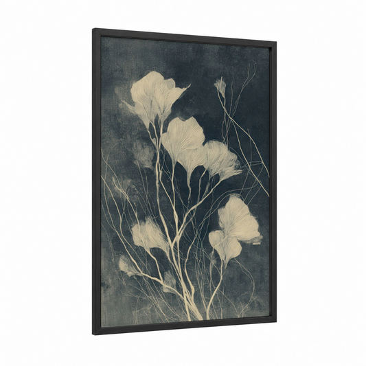 Cream Hydrangea Study framed art print — black wood frame — cream and dove gray palette