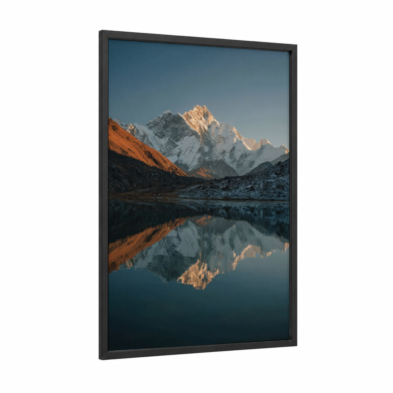 Golden Everest framed mount everest print — black wood frame — blue and gold and white palette