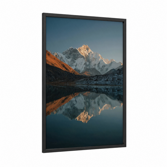 Golden Everest framed mount everest print — black wood frame — blue and gold and white palette
