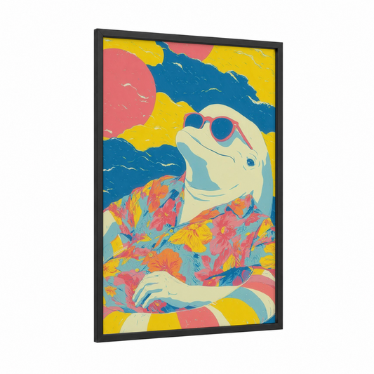Tropical Dolphin framed dolphins print — black wood frame — yellow and blue palette